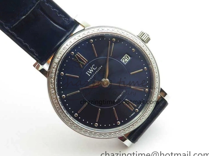 MIROTIME 0429 Portofino 37mm SS V7F 1:1 Best Edition Blue Dial Diamonds Bezel on Blue Leather Strap A Chic 7093